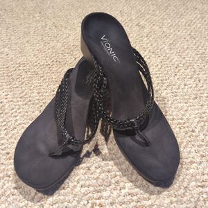 Vionic Ramba Wedge Thong Sandals Womens 9 Black Orthaheel Braided Strap